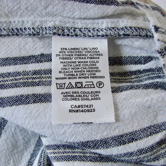 Linen Striped Sleeveless Top Blue White Gold Lurex Ruffle Hem Flowy Large Petite - Picture 7 of 11